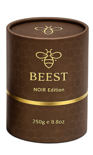 BEEST Noir Edition packaging — cocoa tube with acacia-wood lid