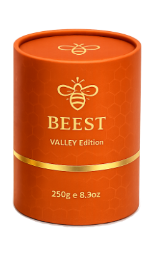 BEEST Valley Edition packaging — terracotta tube with gold-foil bee
